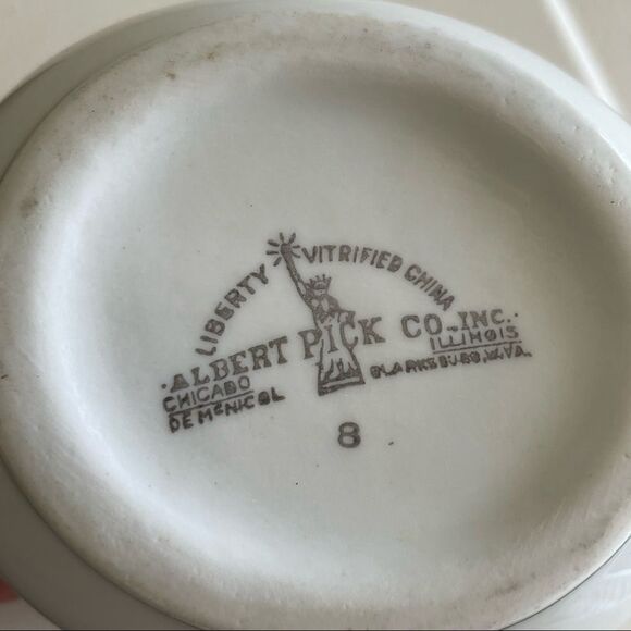 Vintage Albert Pick Co. Vitrified Cream Pitcher or Vase with Green Trim - Picture 4 of 12